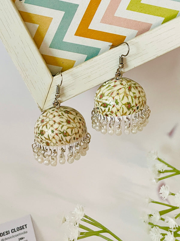 Meenakari Jhumki - Green Daali on White