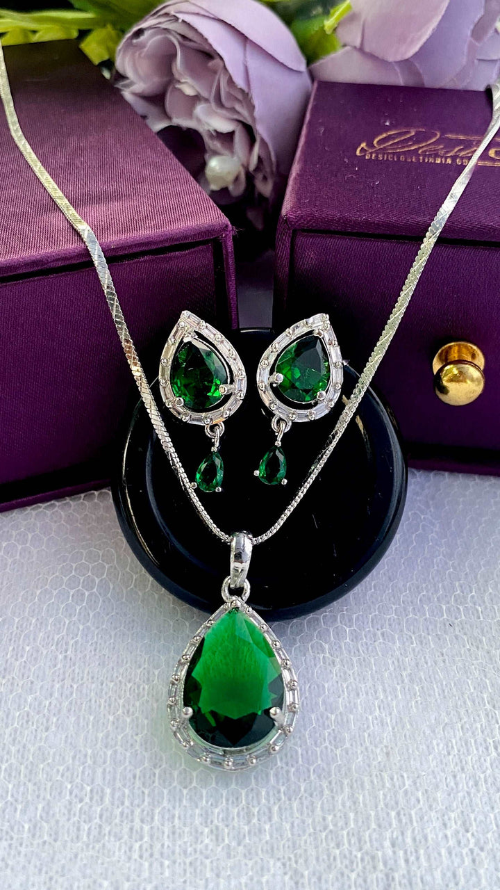 American Diamond Emerald Green Pendant Chain & Earring Set - Desi Closet