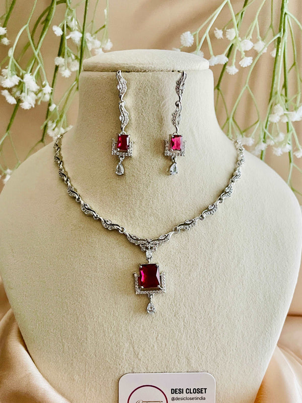 AD Delicate Red Neckline with CZ Earrings - Desi Closet