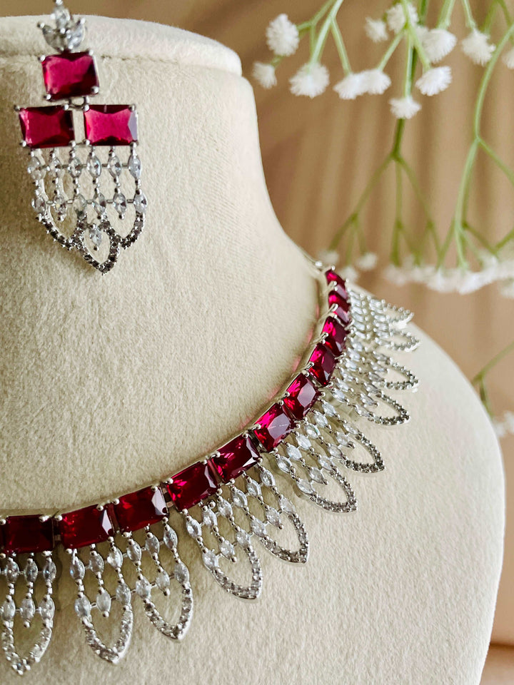 AD Wine Maroon Fish Tail Curve Neckline with Maroon Stone CZ Earrings - Desi Closet