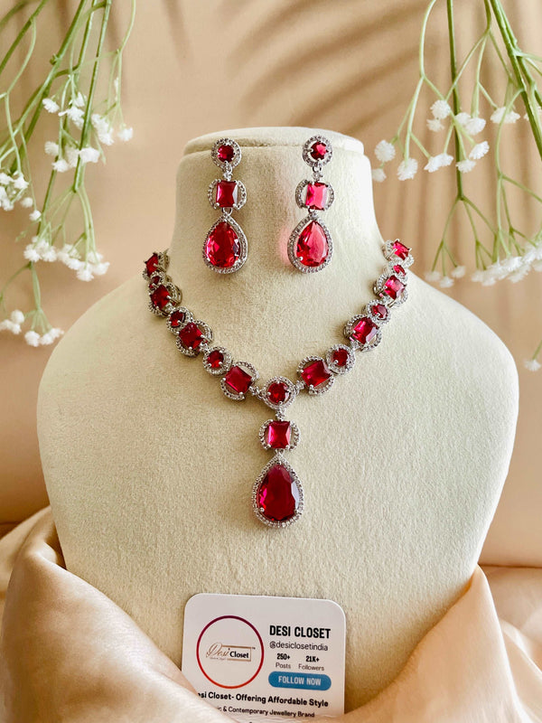 AD Ruby Red Small & Big Stone Neckline with Water Drop CZ Earrings - Desi Closet