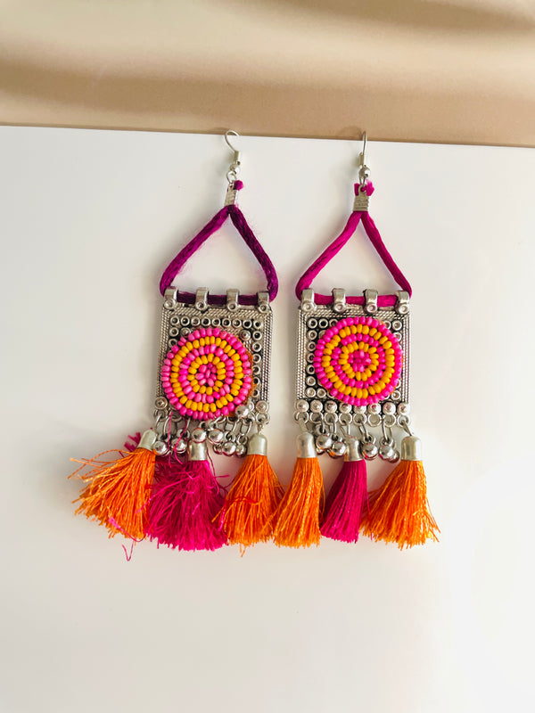 Pink & Orange Thread Oxidised Boho Drops - Desi Closet