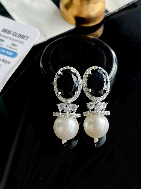 AD Premia Black Stone with Pearl Drop Earrings - Desi Closet