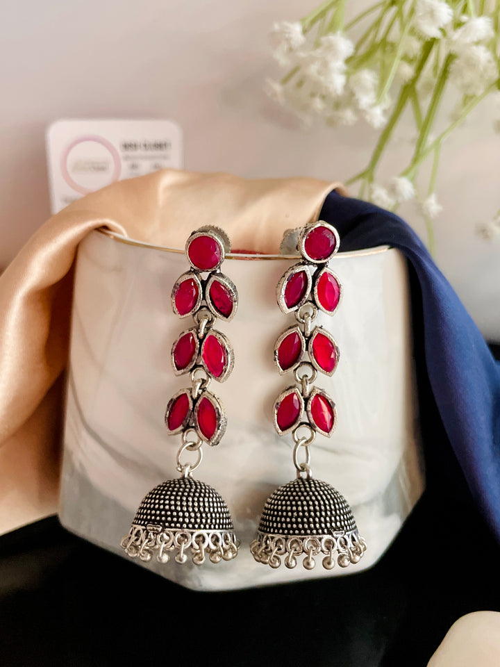 Premium Red Stone Leaf Oxidised Jhumkis - Desi Closet