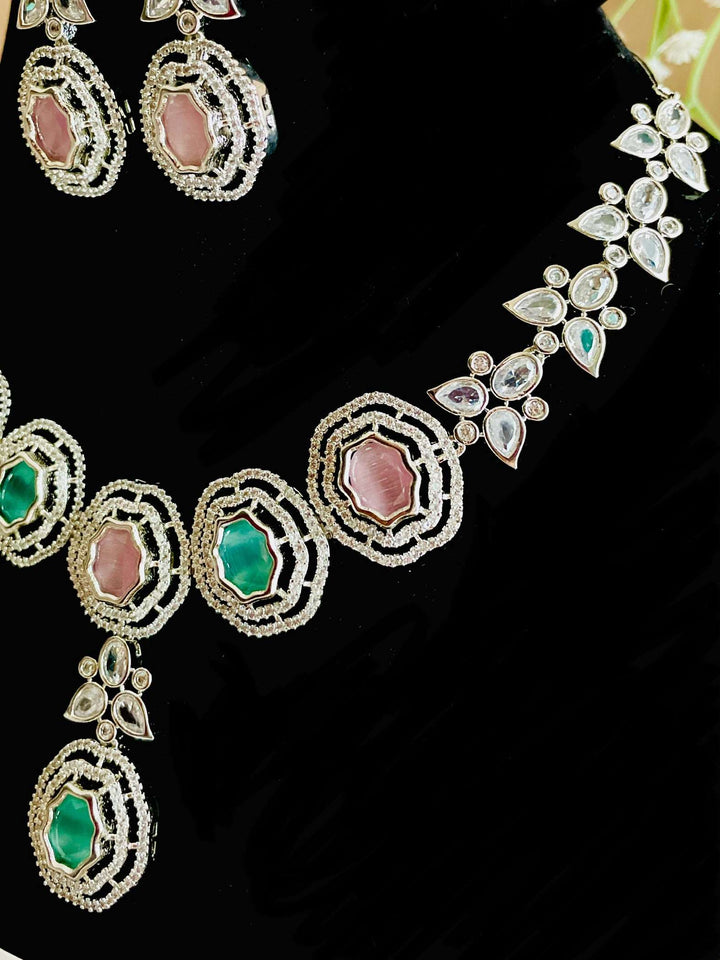 AD Mint Pink Hydro Stone Set with Pink Stone CZ Earrings - Desi Closet