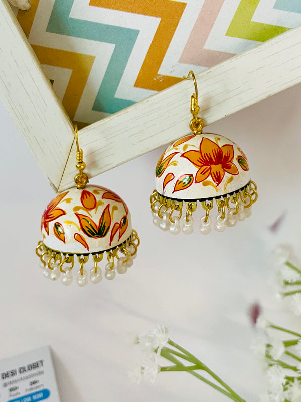Meenakari Jhumki - Big Floral on White