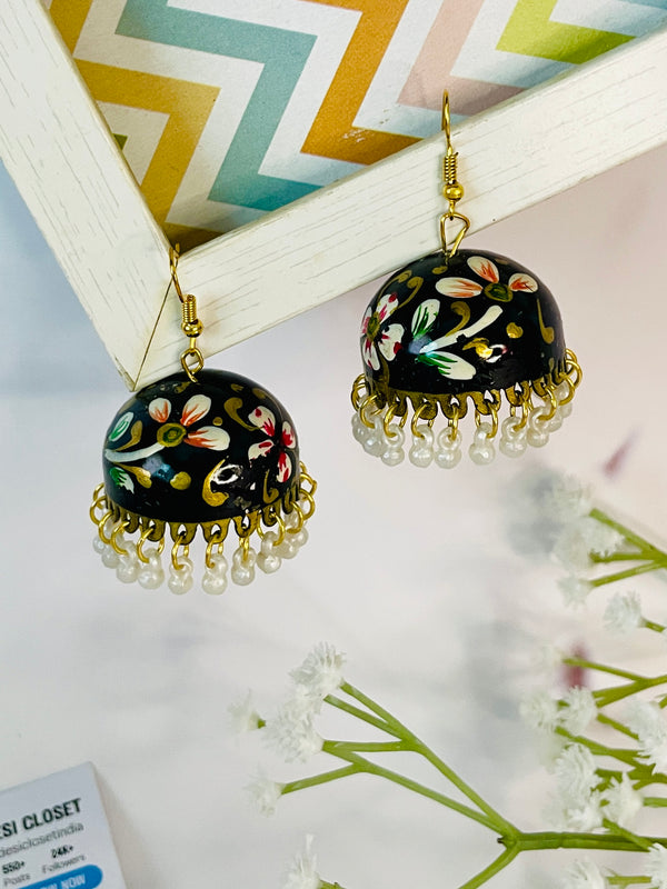 Meenakari Jhumki - Floral on Black