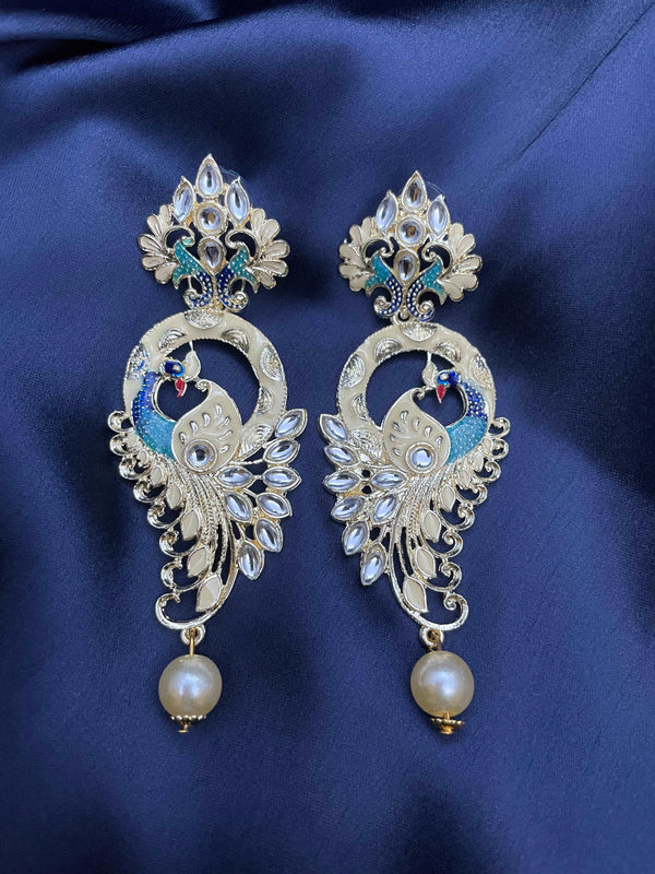 Indo Western Designer Peacock Enamelled Earrings - Blue - Desi Closet