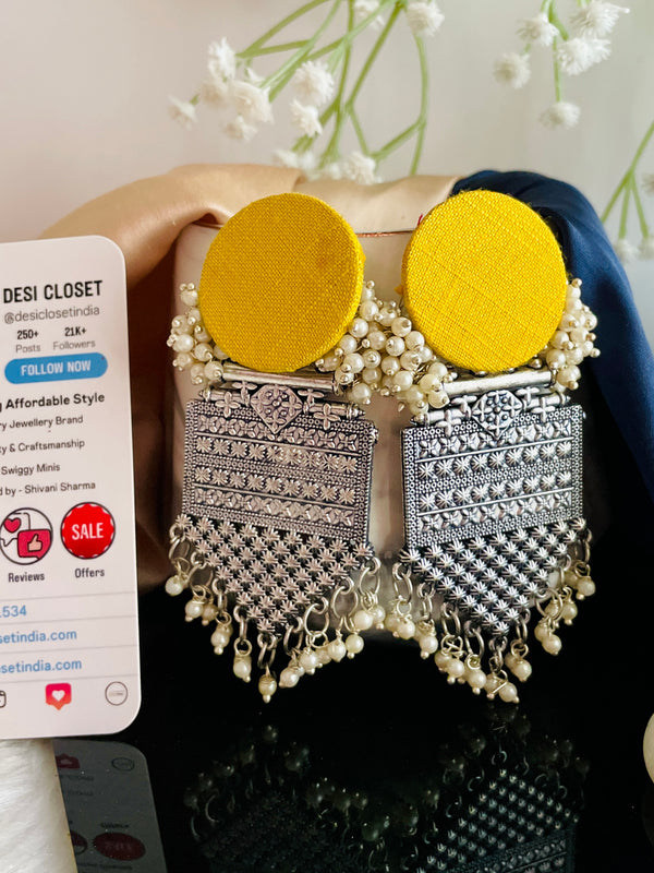 Yellow Fabric Oxidised Boho Drops - Desi Closet