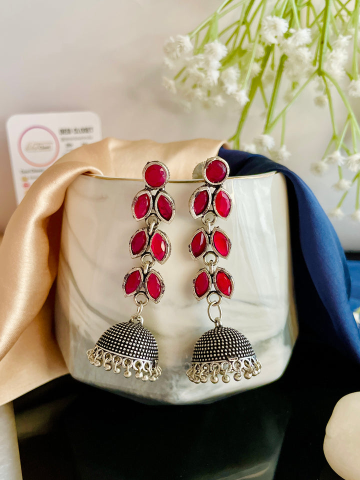 Premium Red Stone Leaf Oxidised Jhumkis - Desi Closet