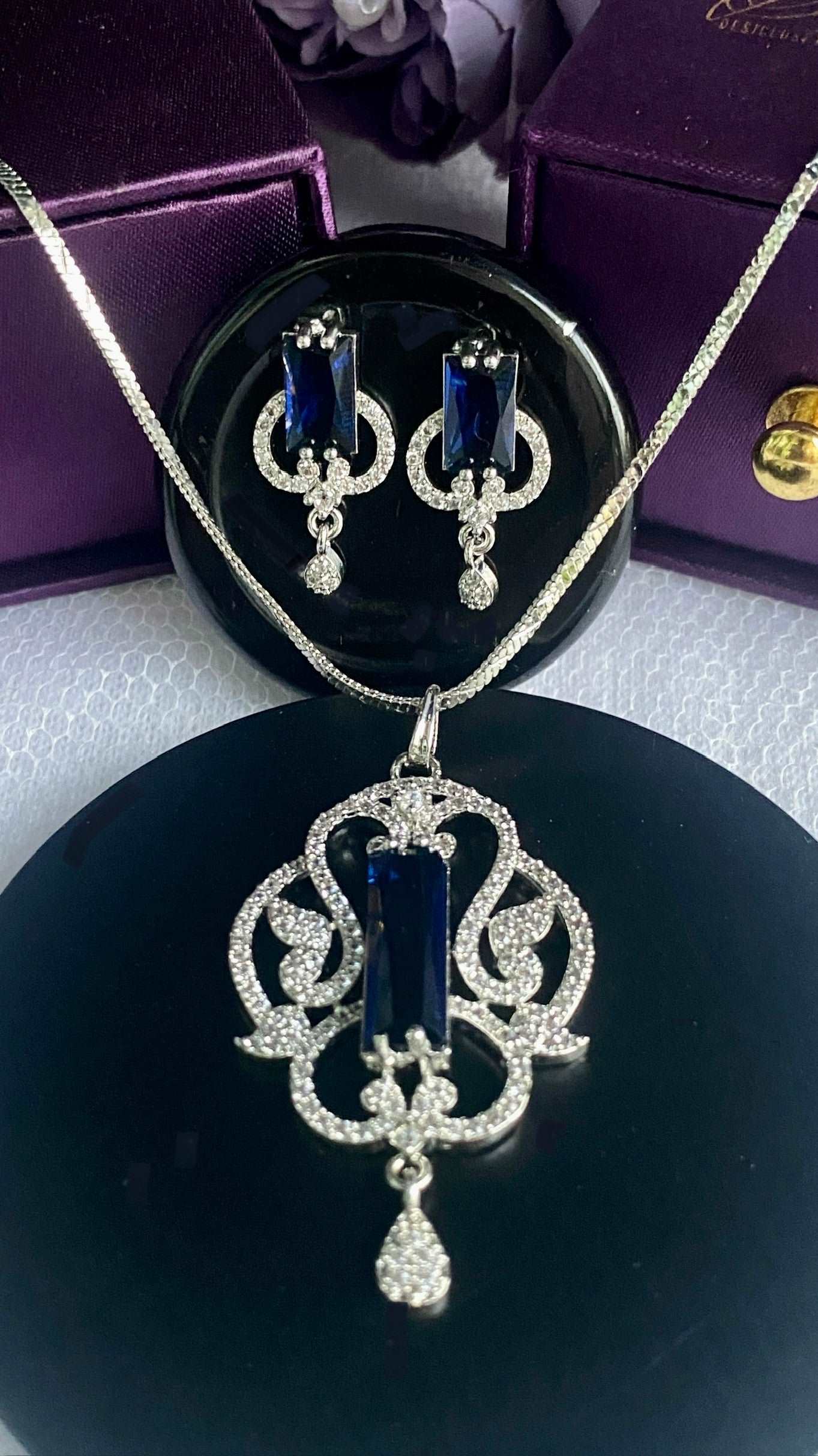 American Diamond Electric Blue Pendant Chain & Earring Set - Desi Closet