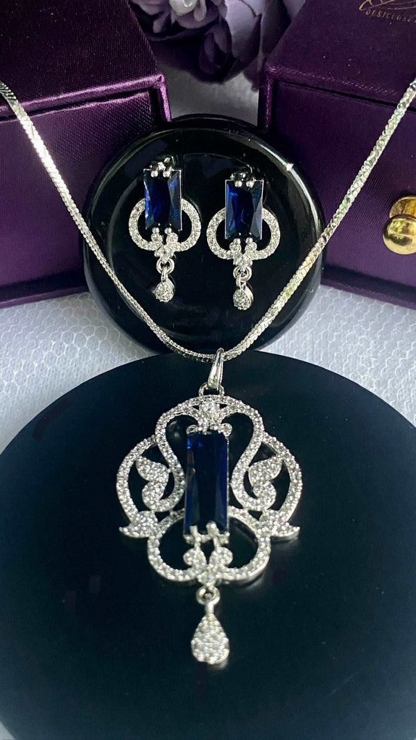 American Diamond Electric Blue Pendant Chain & Earring Set - Desi Closet