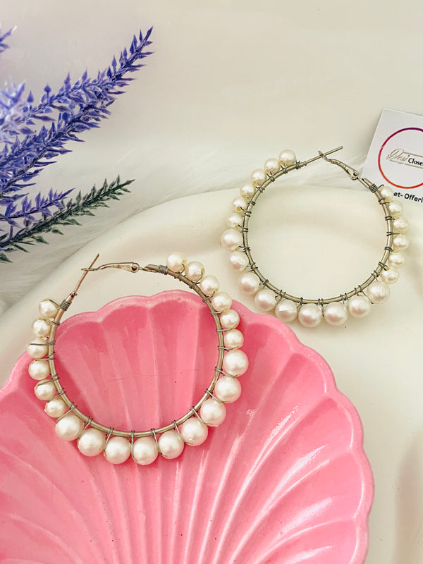 Silver String Hoop Pearls