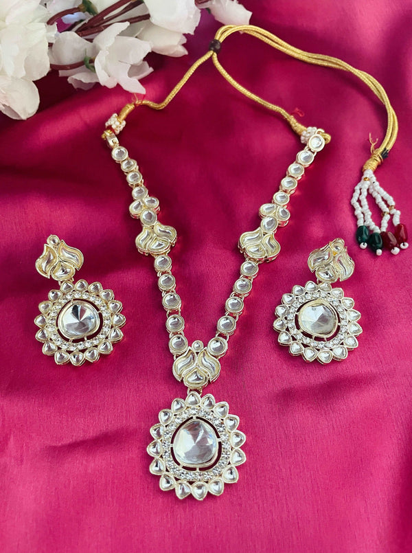 Long Kundan Dahlia Necklace and Earrings Set - Desi Closet