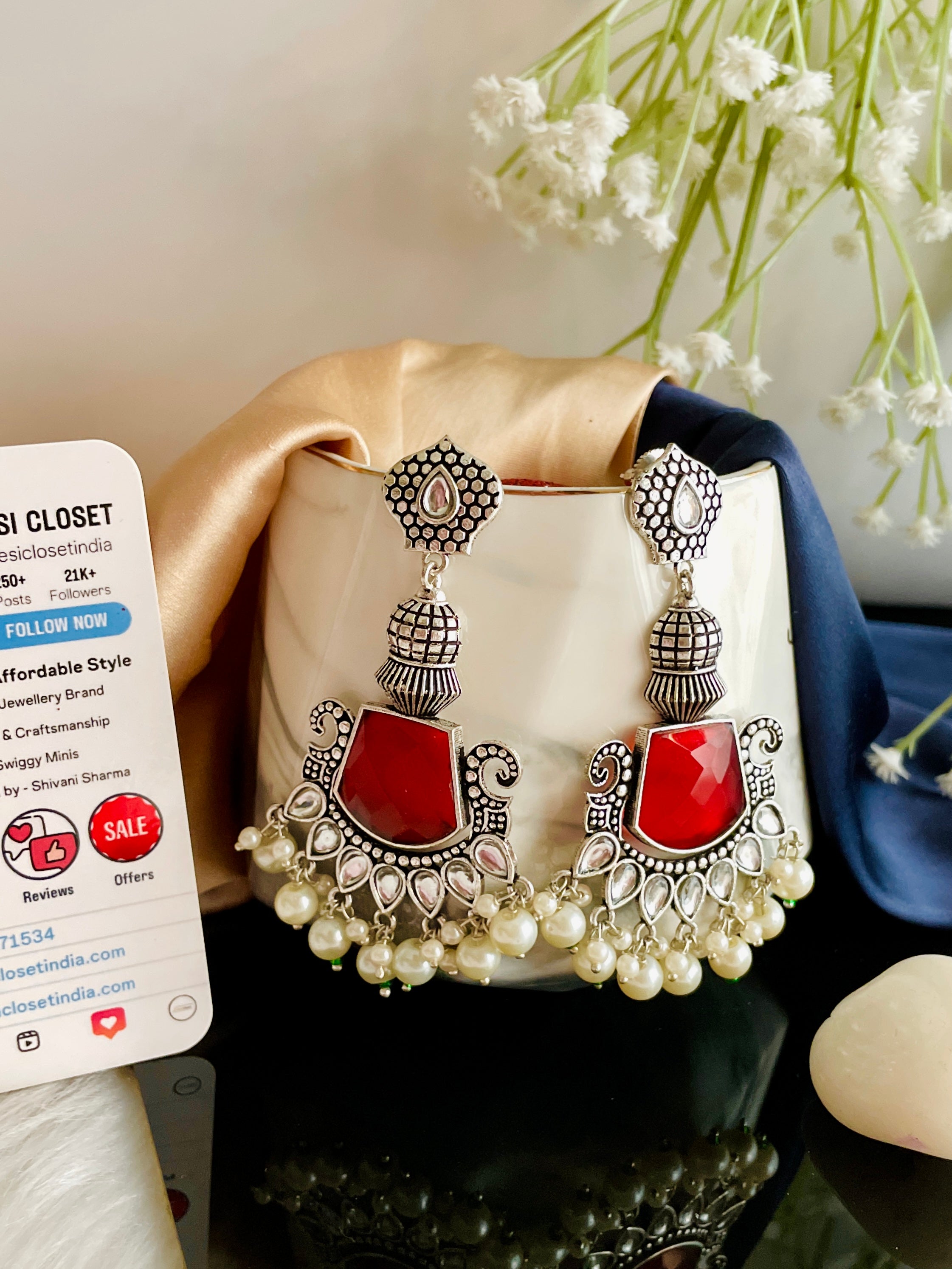 Premium Red Charm Stone & Pearl Danglers - Desi Closet
