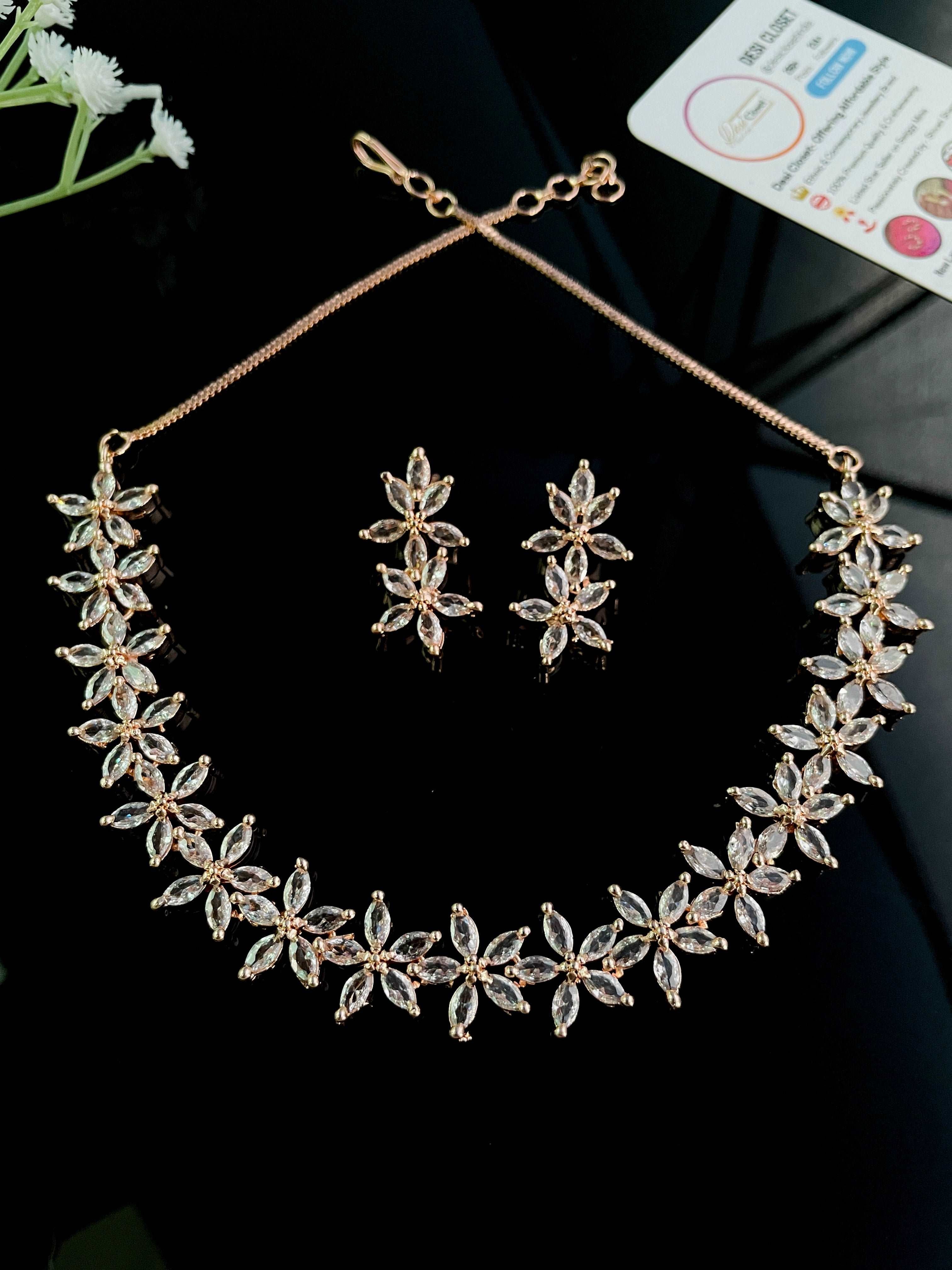 AD Rose Gold Floral Maala Necklace With CZ Earrings - Desi Closet
