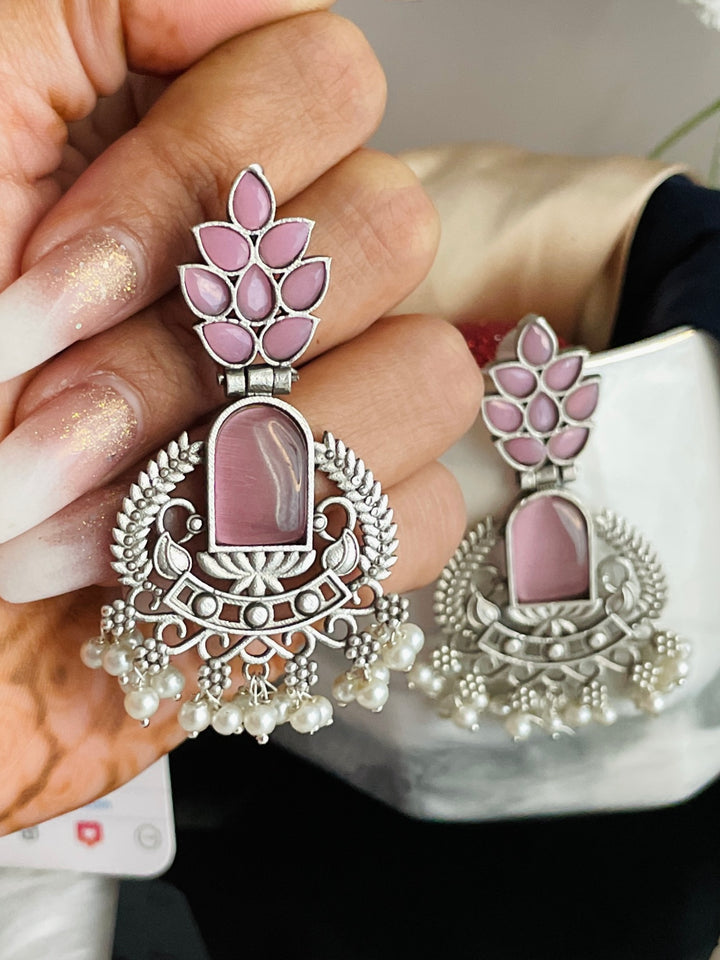 Premium Pink Moon Stone & Pearl Danglers - Desi Closet