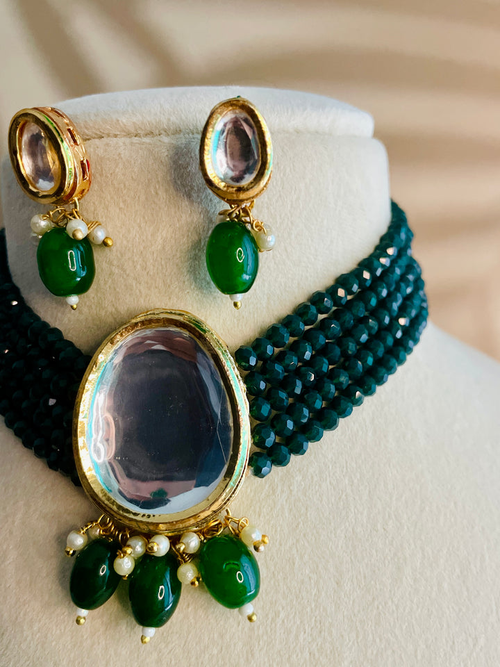 Trendy Emerald Green Matte Beads Choker with Earrings - Desi Closet