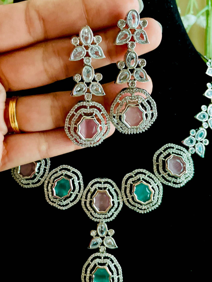 AD Mint Pink Hydro Stone Set with Pink Stone CZ Earrings - Desi Closet