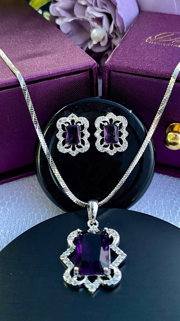 American Diamond Purple Pendant Chain & Earring Set - Desi Closet