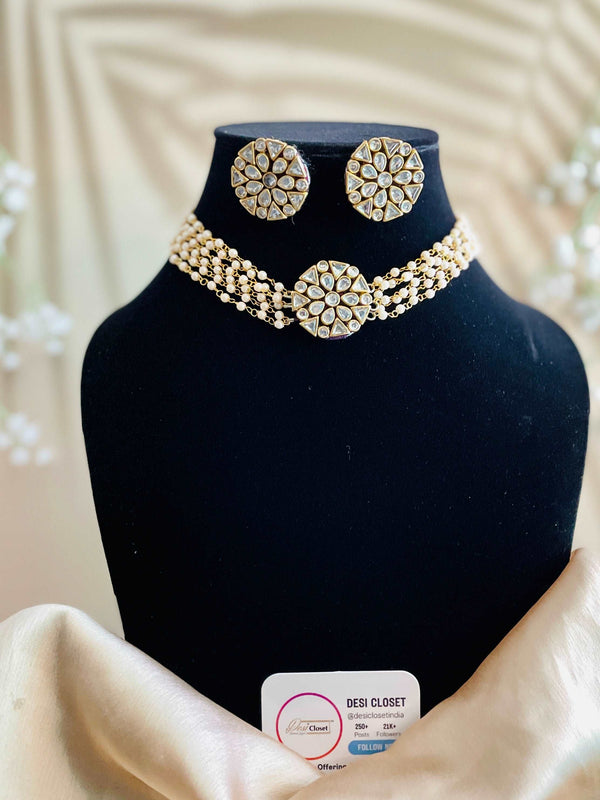 Delicate Moti Beads Choker with Fabric Centre Back - Desi Closet