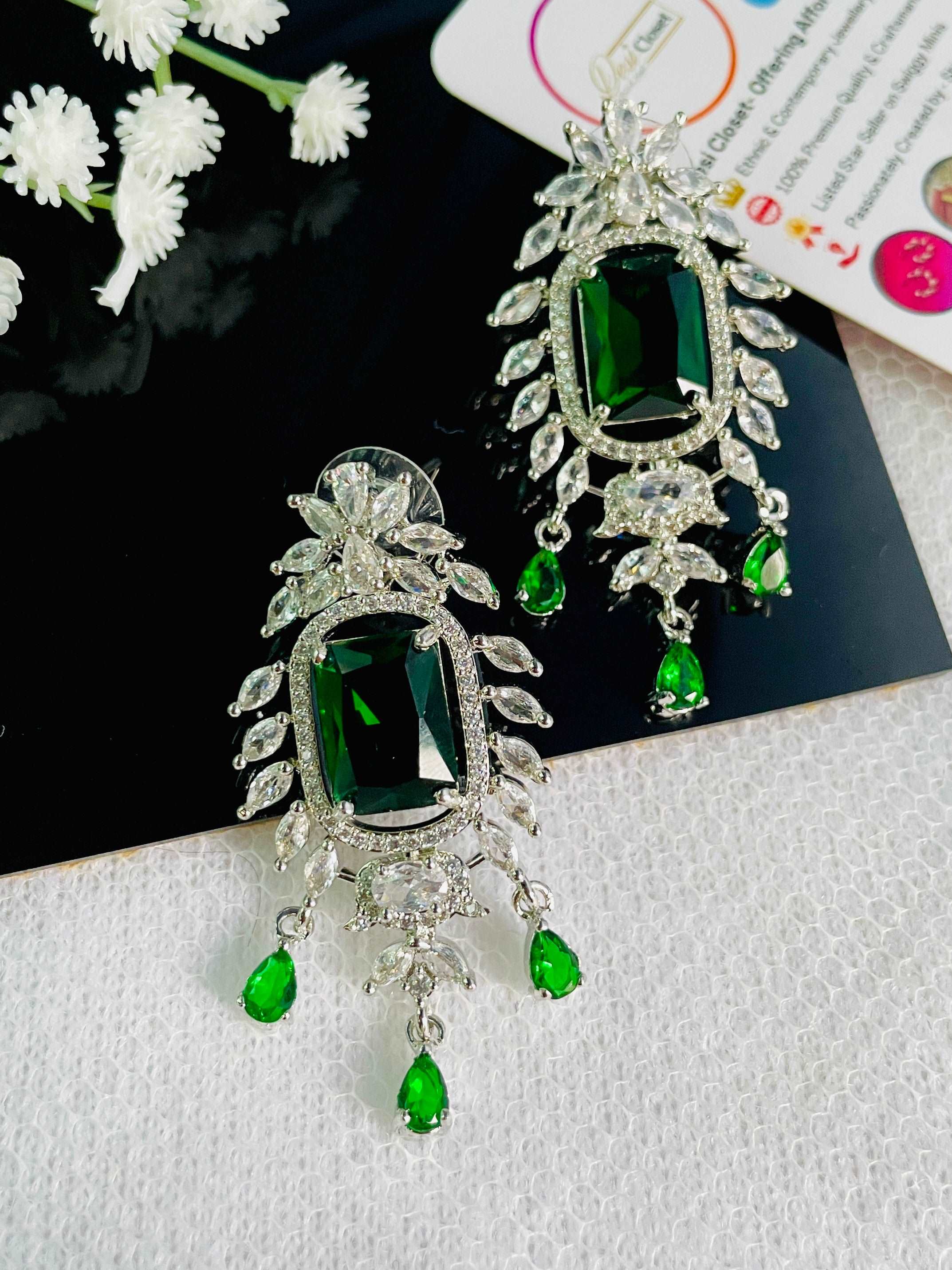 AD Premia Emerald Green Large Drop Crown Earrings - Desi Closet