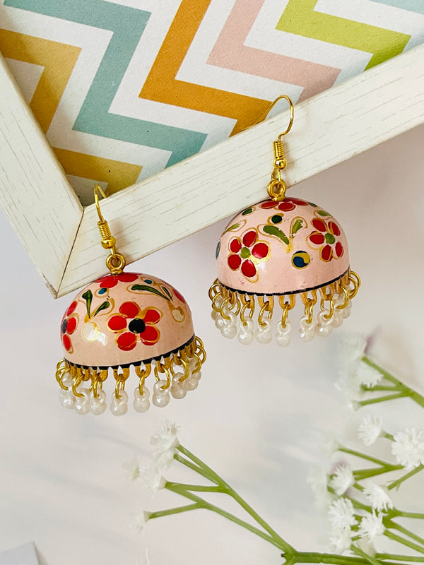 Meenakari Jhumki - Bright Floral on Pale Pink
