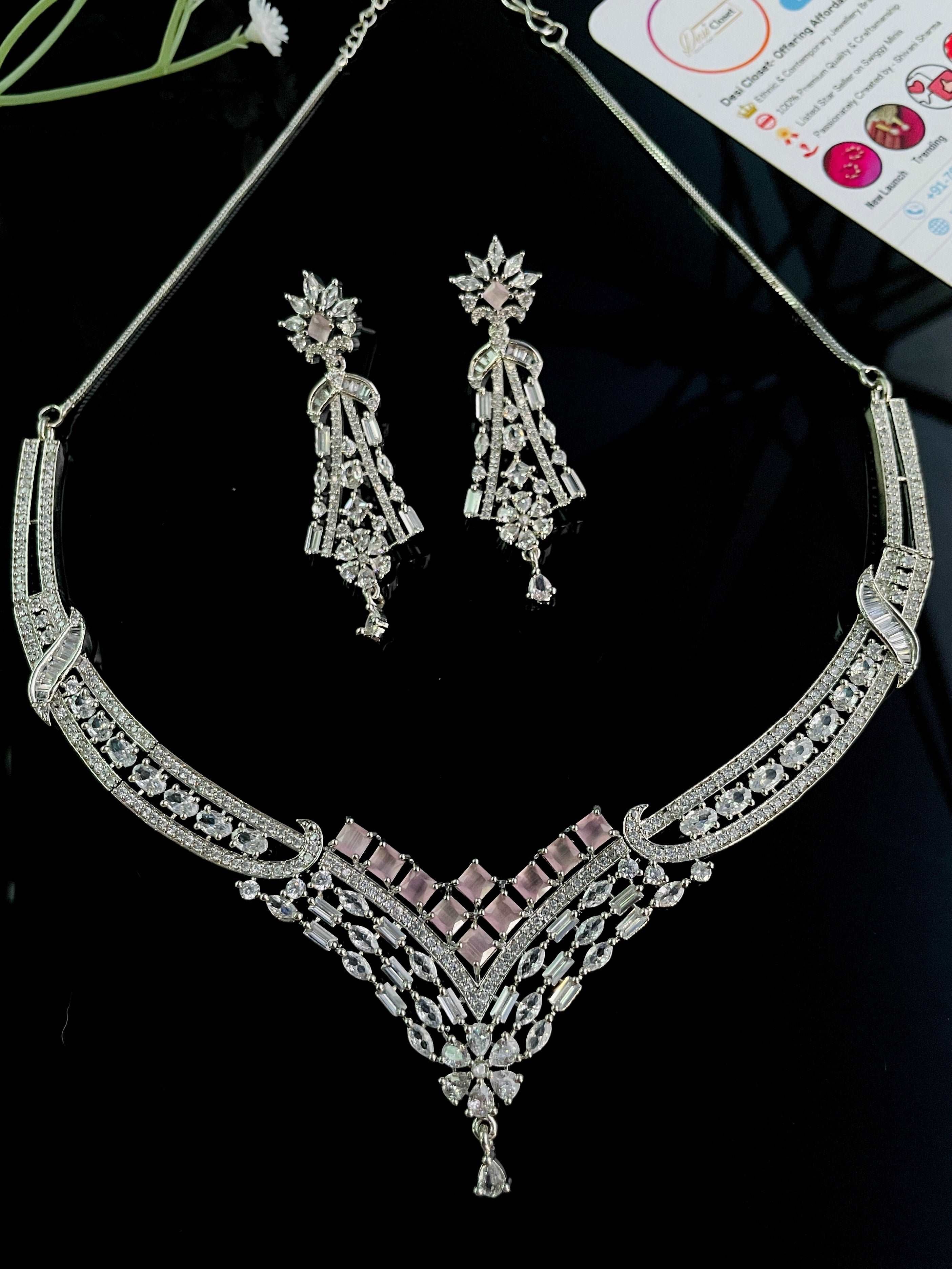 AD Rich Pink V-Line Necklace With Temple Bell Earrings - Desi Closet