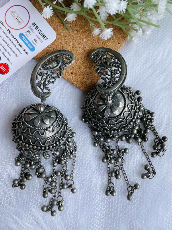 Antique Oxidised Jhumkas with Long Drops - Desi Closet