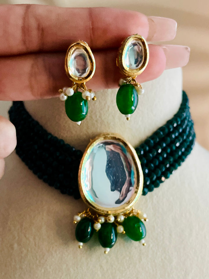 Trendy Emerald Green Matte Beads Choker with Earrings - Desi Closet