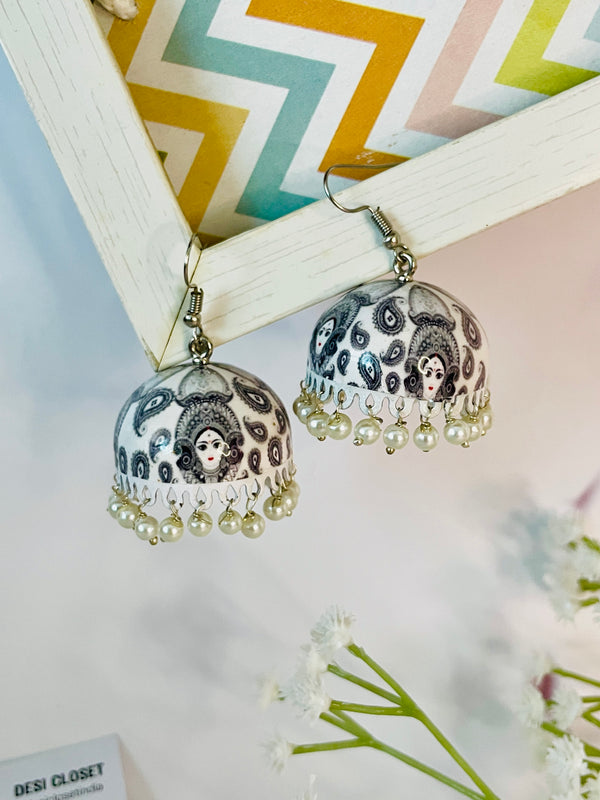 Meenakari Jhumki - Durga on White