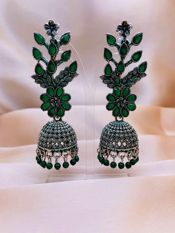 Antique Look Party Wear Leaf Jhumki - Green - Desi Closet