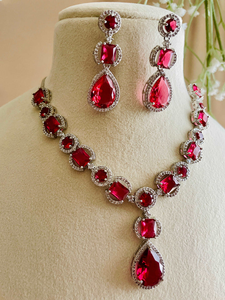 AD Ruby Red Small & Big Stone Neckline with Water Drop CZ Earrings - Desi Closet