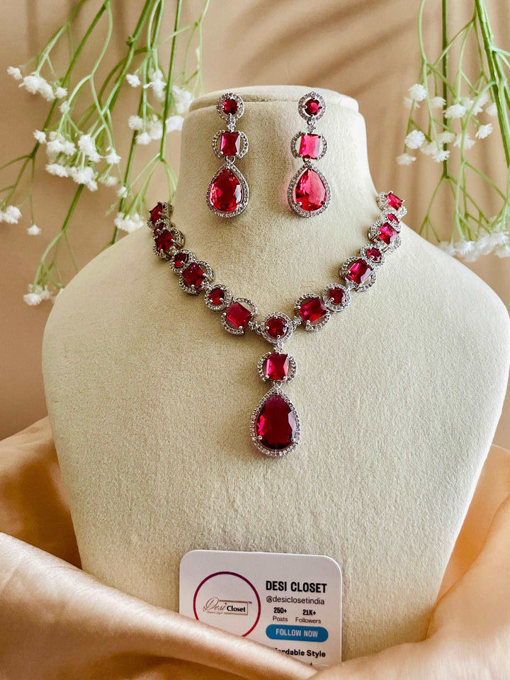 AD Ruby Red Small & Big Stone Neckline with Water Drop CZ Earrings - Desi Closet