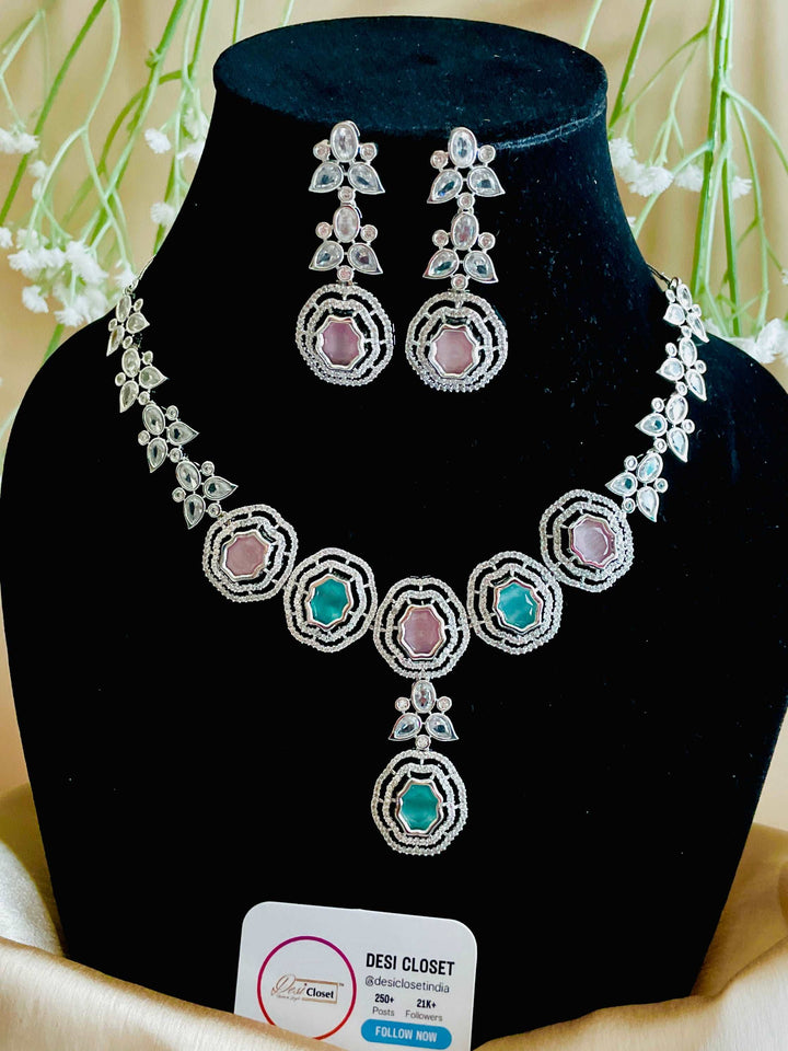 AD Mint Pink Hydro Stone Set with Pink Stone CZ Earrings - Desi Closet