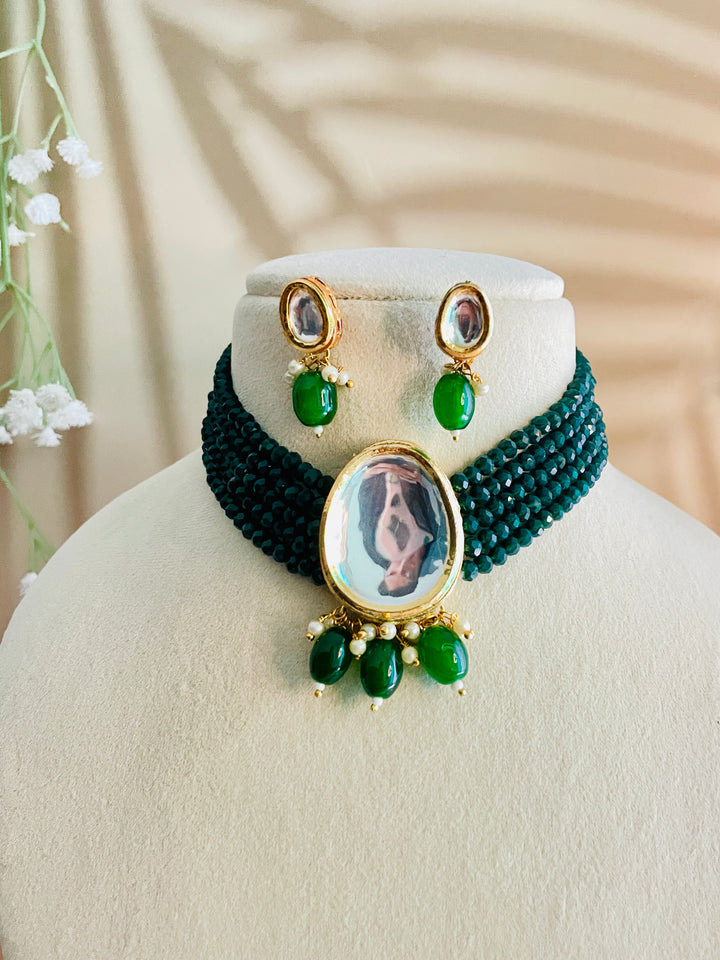 Trendy Emerald Green Matte Beads Choker with Earrings - Desi Closet