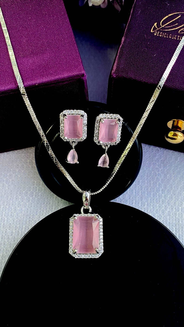 American Diamond Pink Rect Pendant Chain & Earring Set - Desi Closet