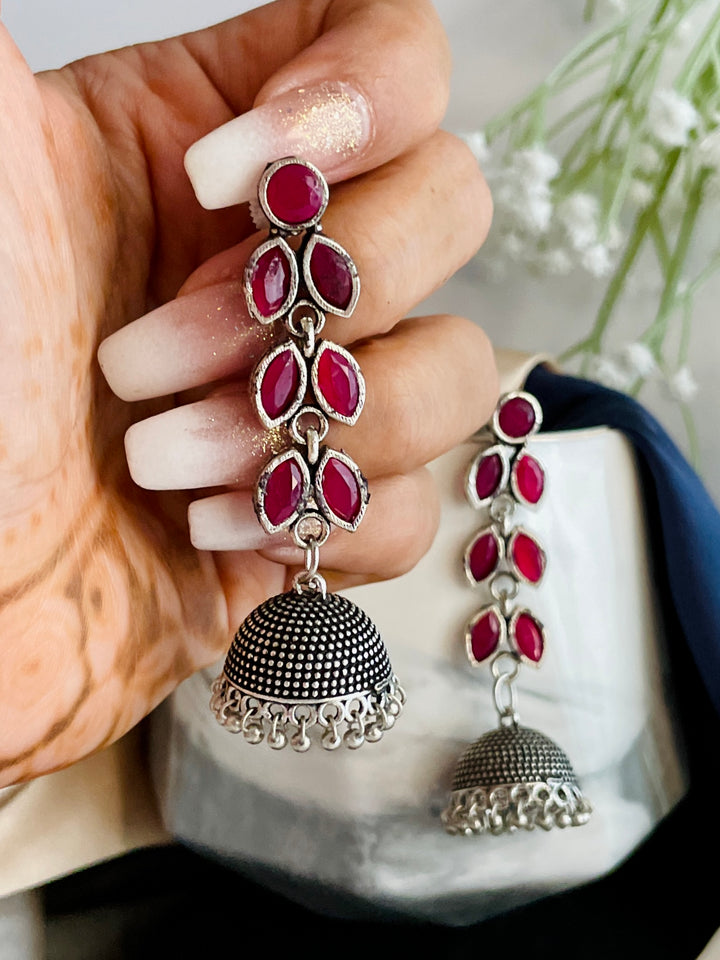 Premium Red Stone Leaf Oxidised Jhumkis - Desi Closet