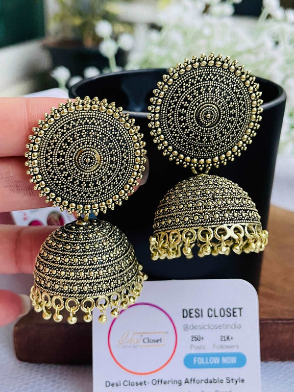 Afghani Gold Oxidised Jhumkis - Desi Closet