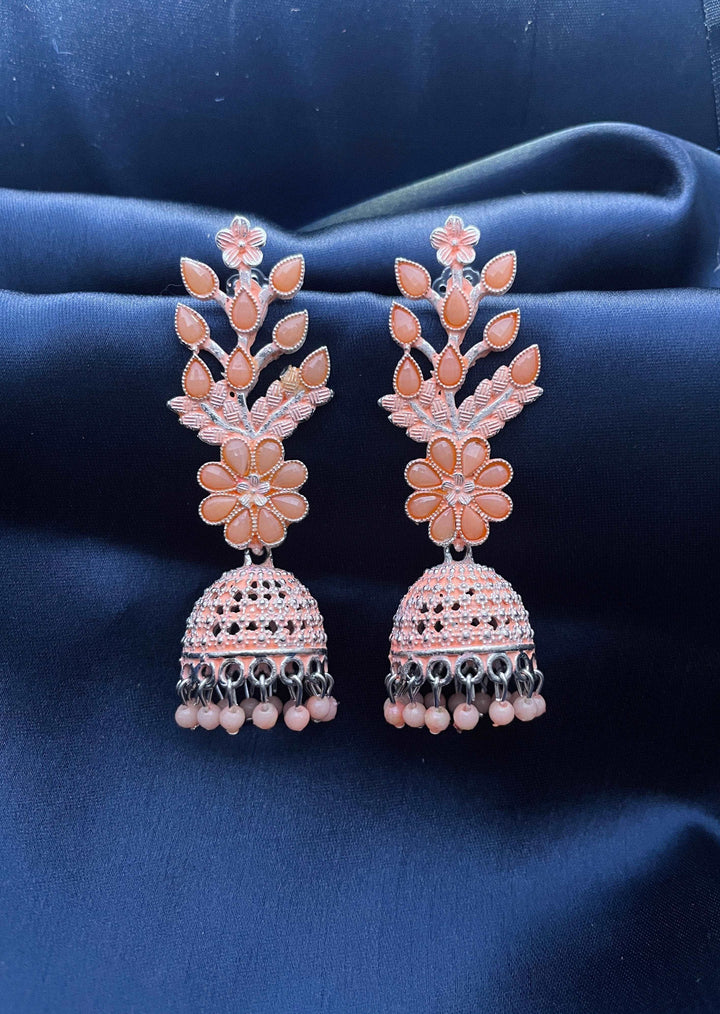 Antique Look Party Wear Leaf Jhumki - Peach - Desi Closet