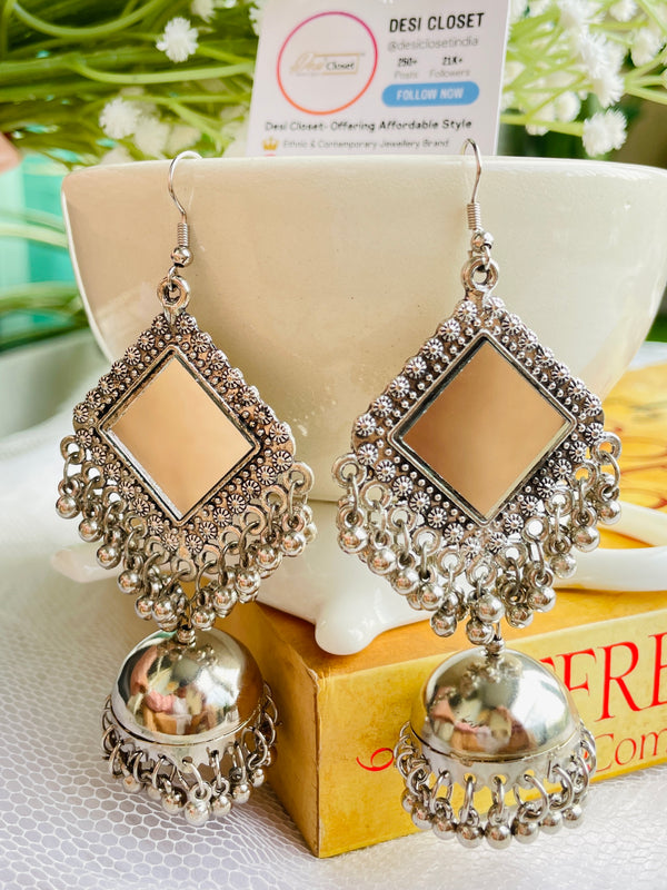 Weightless Mirror Chrome Jhumkas - Desi Closet