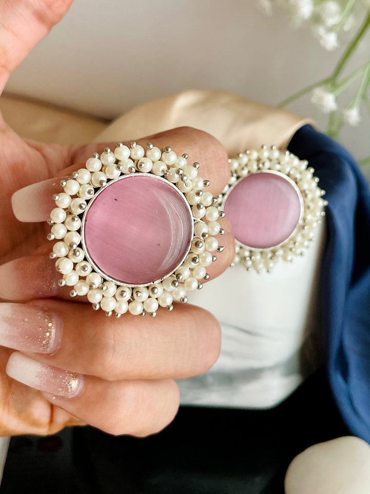 Premium Pale Pink Round Beaded Stone Studs - Desi Closet