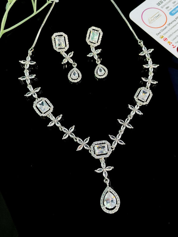 AD Deep Neckline Cover Delicate Necklace With Drop Earrings - Desi Closet