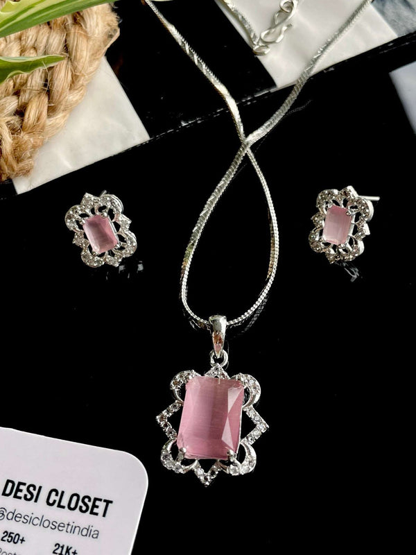 American Diamond Pastel Pink Pendant Chain & Earring Set - Desi Closet