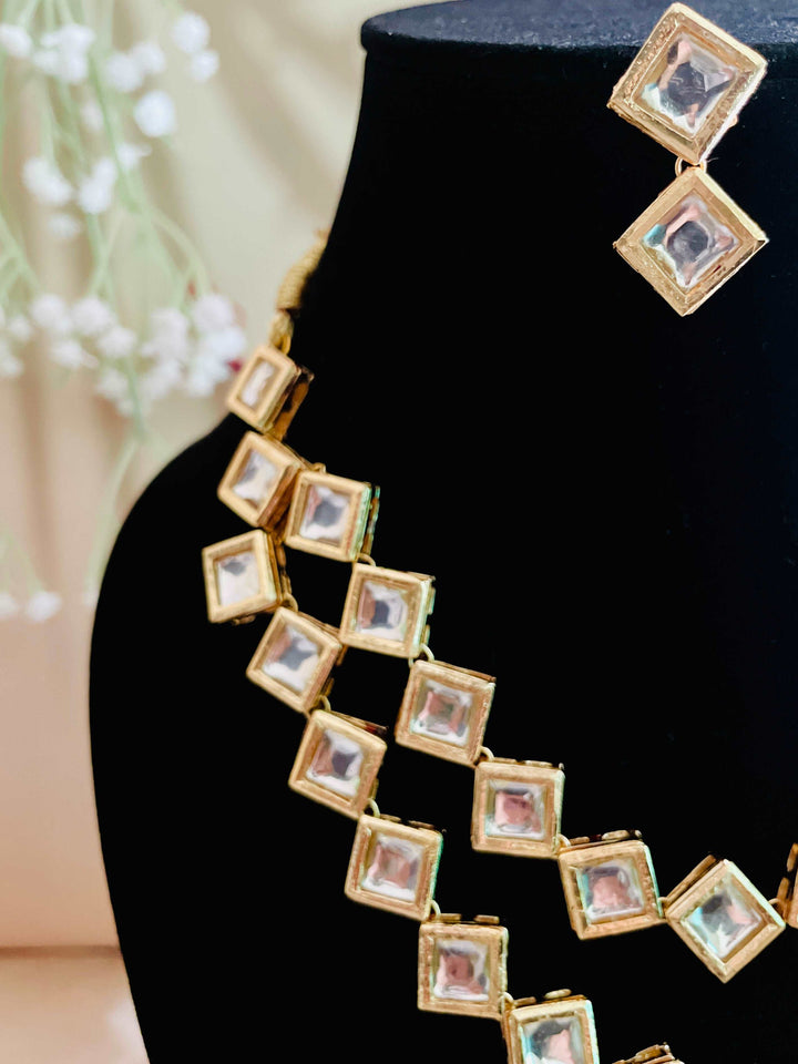 Double Layer Kundan Barfi Necklace with Earrings - Desi Closet