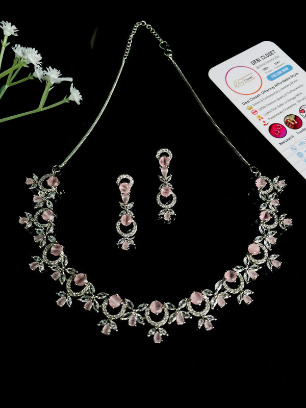 Premium American Diamond Choker Necklace with Pink Stones and Hanging Earrings - Desi Closet