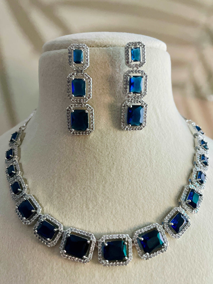 AD Electric Blue Hydro Stone Set with Rectangle CZ Earrings - Desi Closet