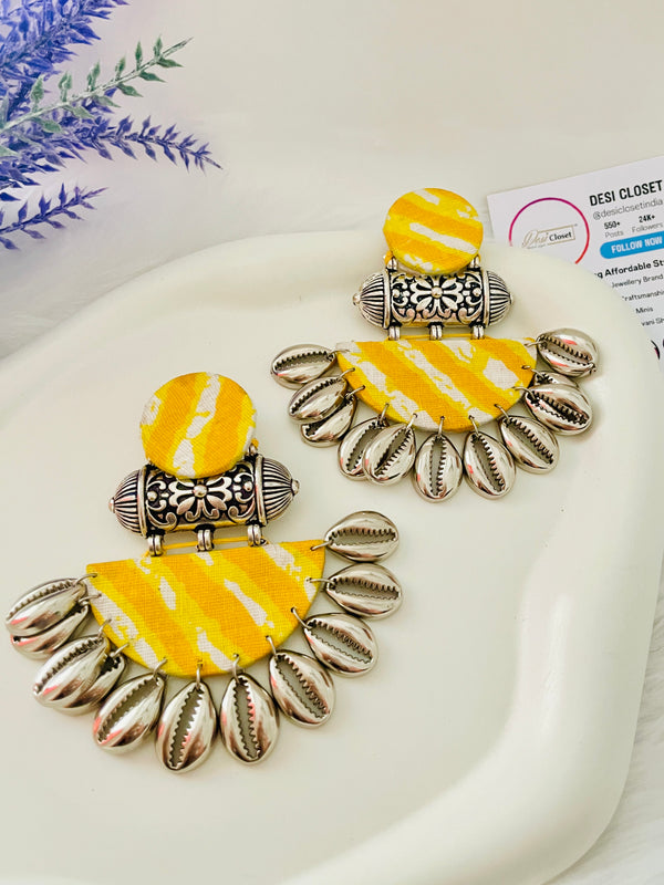 Yellow Striped Fabric Earrings with Silver Shells