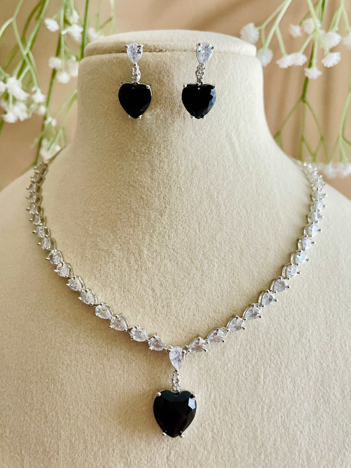 AD Titanic Black Heart Drop Necklace with Black Heart Earrings - Desi Closet