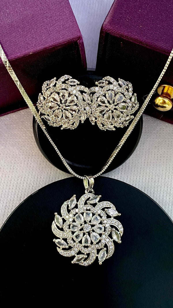 American Diamond Cut Work Sun Pendant Chain & Earring Set - Desi Closet